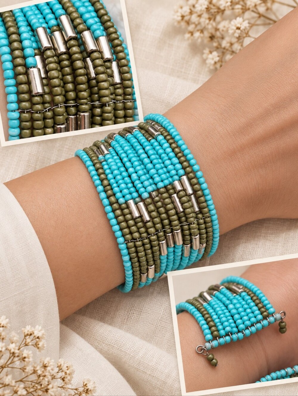 Turquoise & Olive Beaded Wrap Bracelet - Women's Jewelry